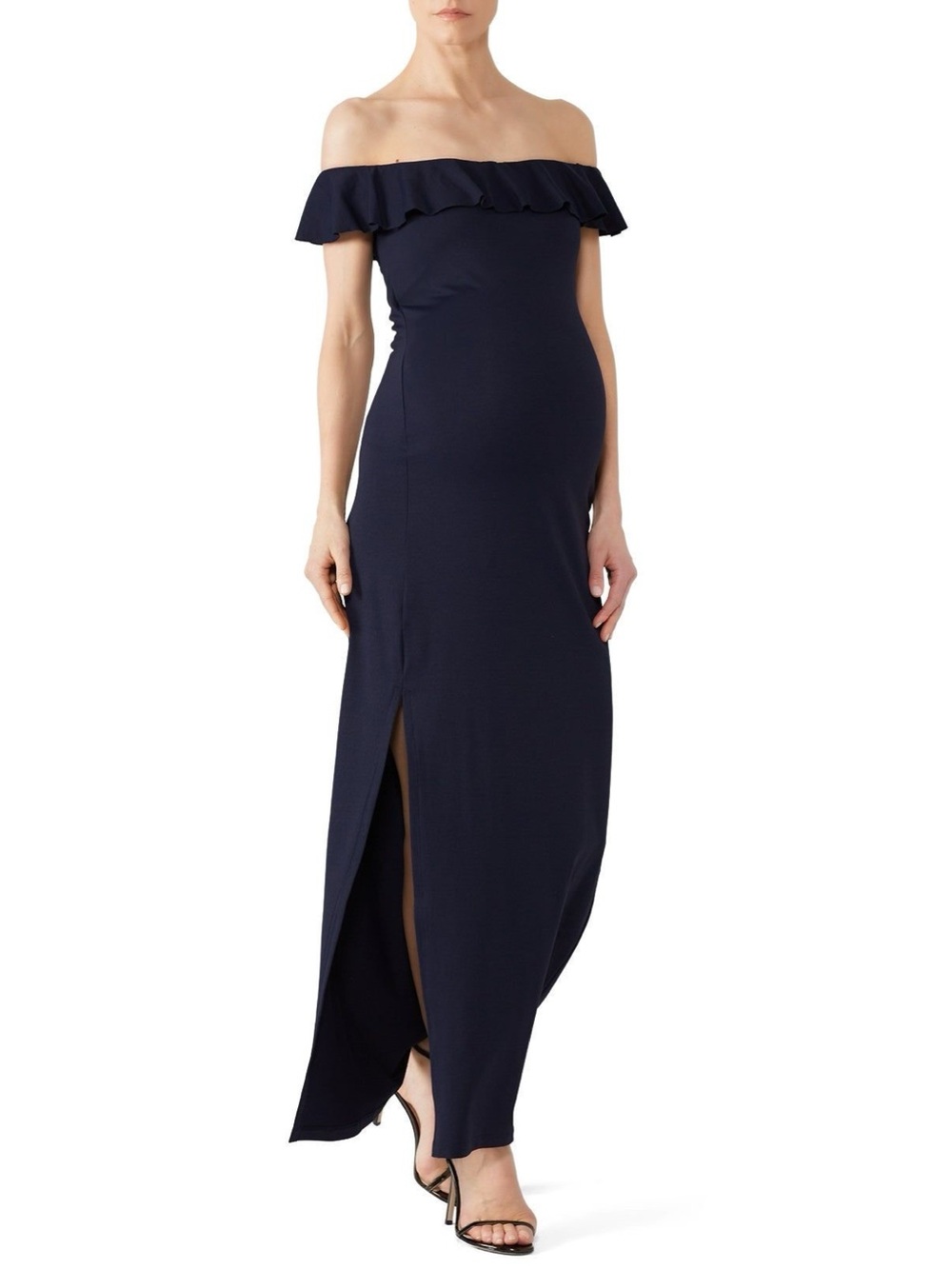 Susana Monaco Navy Ruffle Slit Maternity Gown Maxi Dress Small Off Shoulder Slit